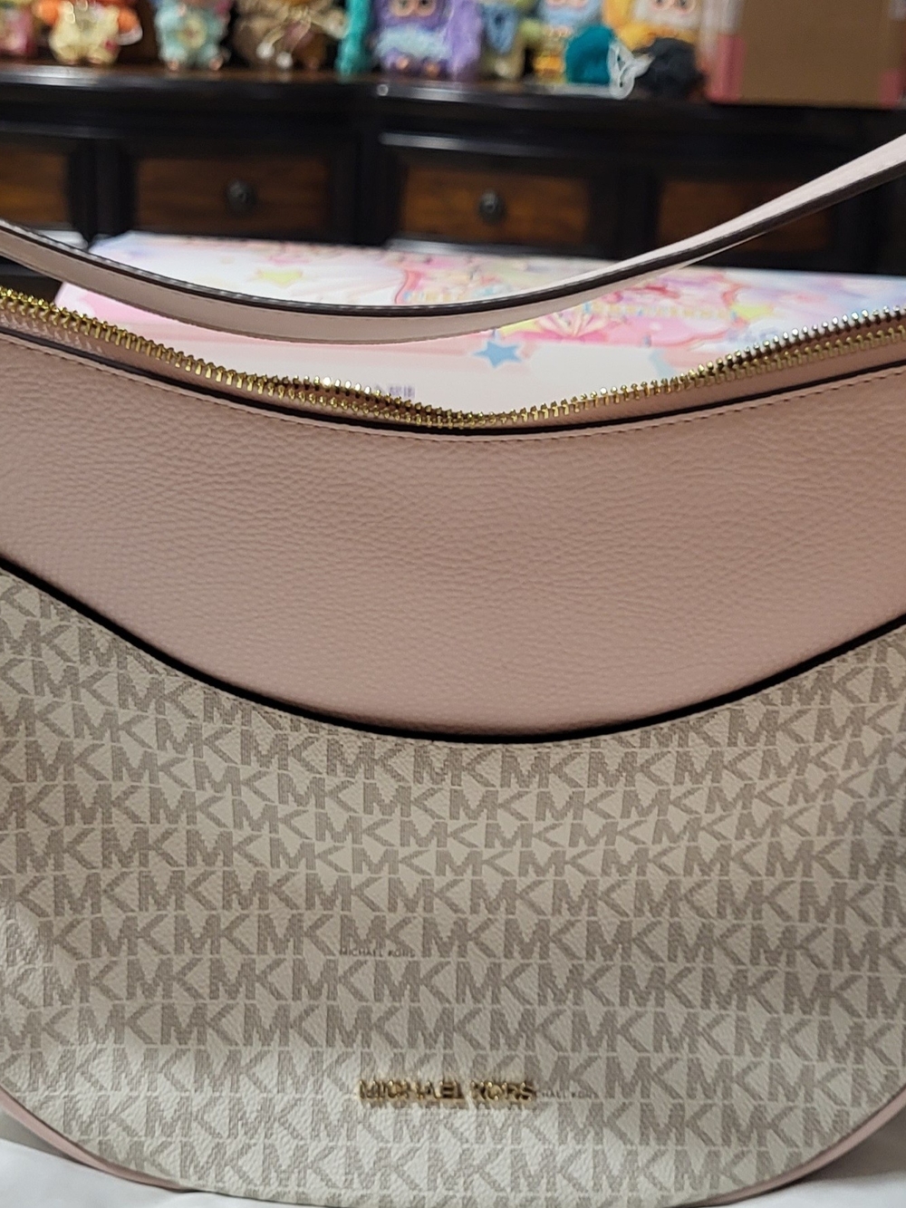 Michael Kors Pink and Vanilla Signature Crescent Hobo